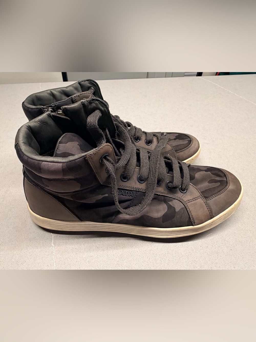 Prada Brown and Black Camouflage High-Top Sneakers